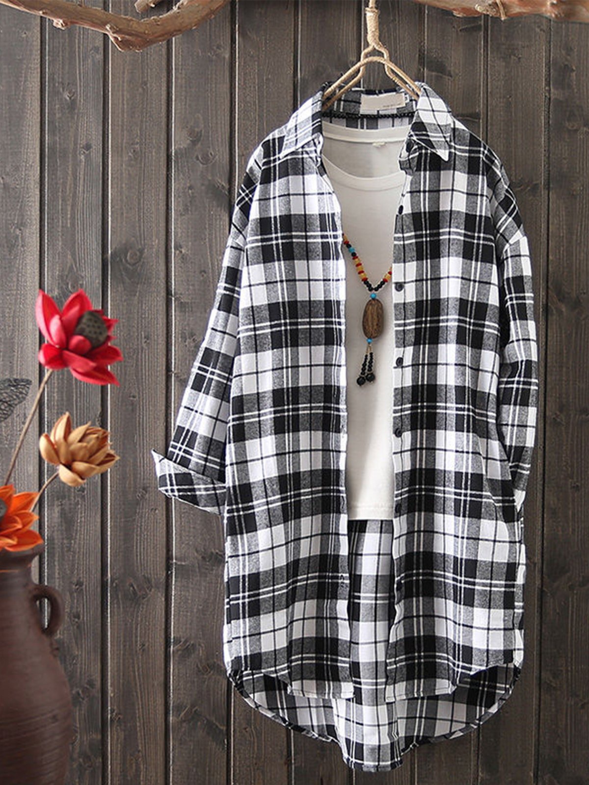 Plus Size Women Long Sleeve Plaid Loose Casual MIdi Shirt Jacket