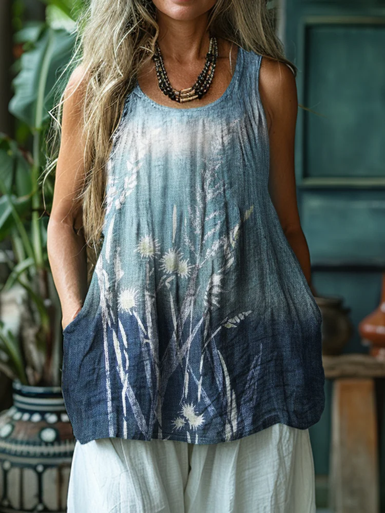 Utbros Flowers Gradient Dyed Linen Tank Top