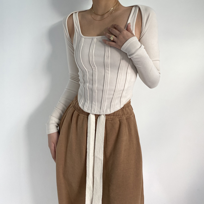 Ootddress Women Striped Stitching Slim T-shirt Female 2 In 1 Shrug Set Co-ord Crop Shrug And Corset Tank Tops Set Y2k Streetwear New