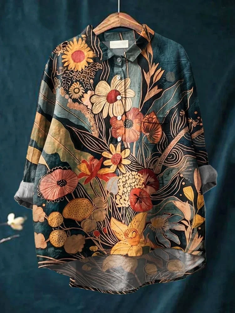 Women's Vintage Flower Art Print Casual Cotton And Linen Shirt