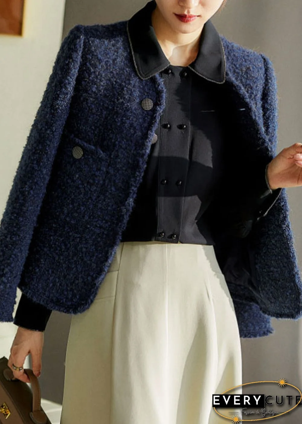 Chic Blue V Neck Button Pockets Ma Hai mao Coat Long Sleeve