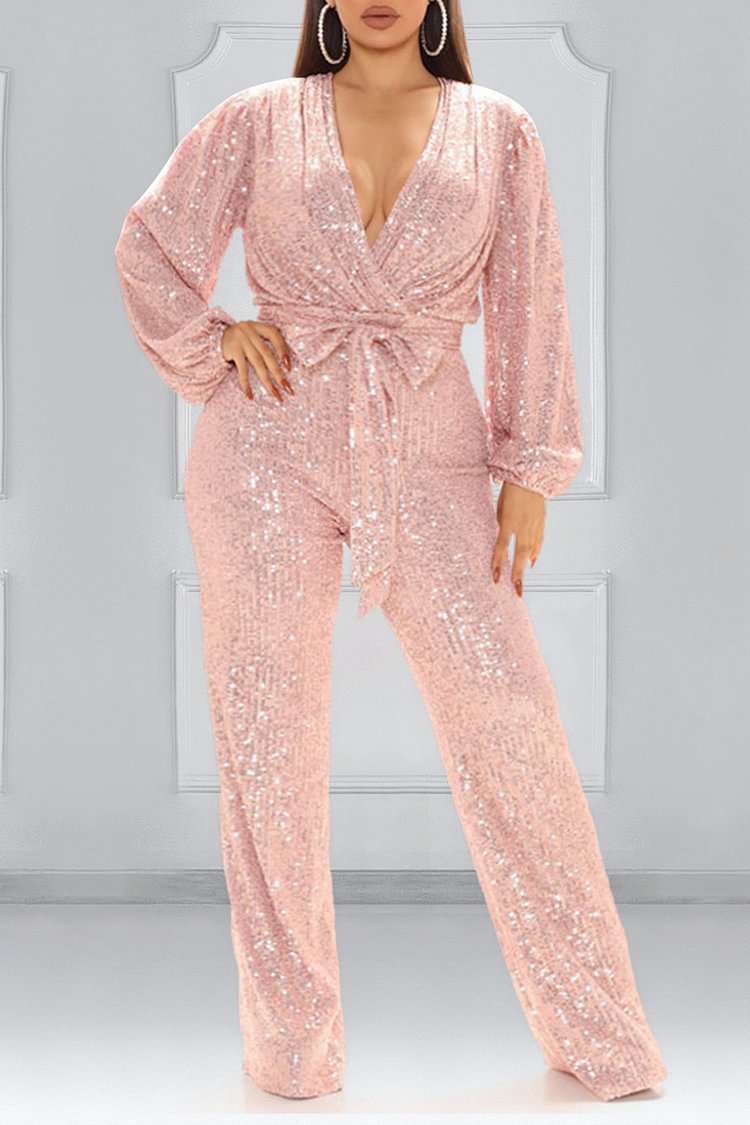 Xpluswear Plus Size Pink Party Sequin Lace Up Jumpsuits 