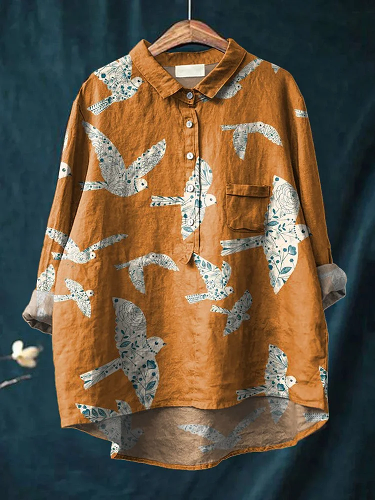 Vintage Lovely Birds Art Print Casual Cotton And Linen Shirt