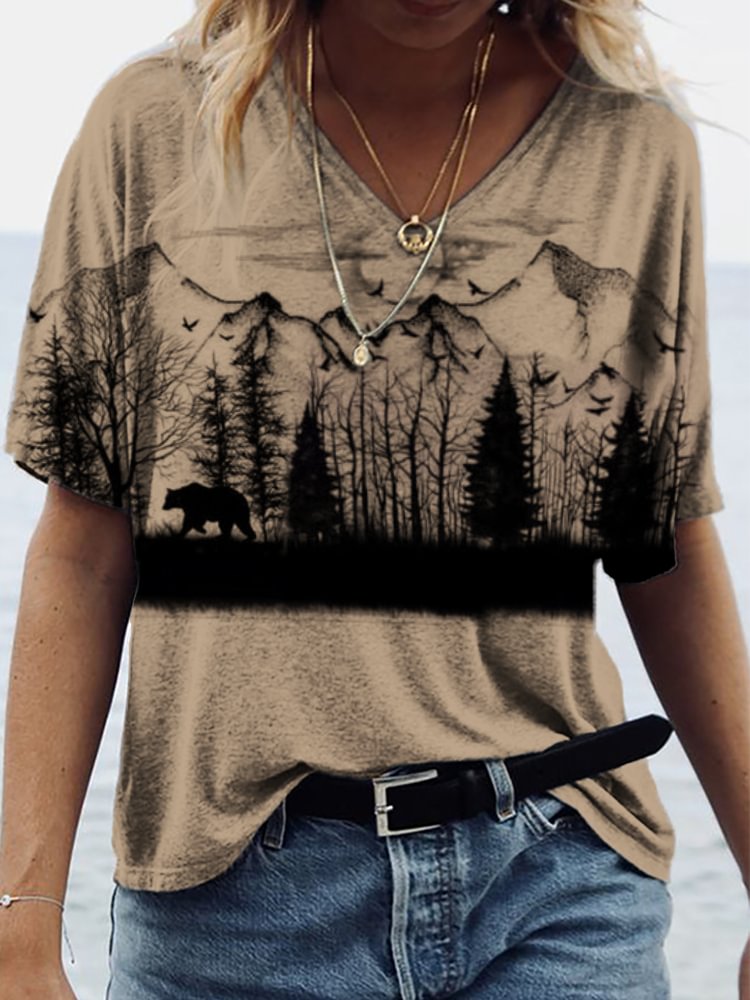 Bear In Forest Art V Neck T Shirt