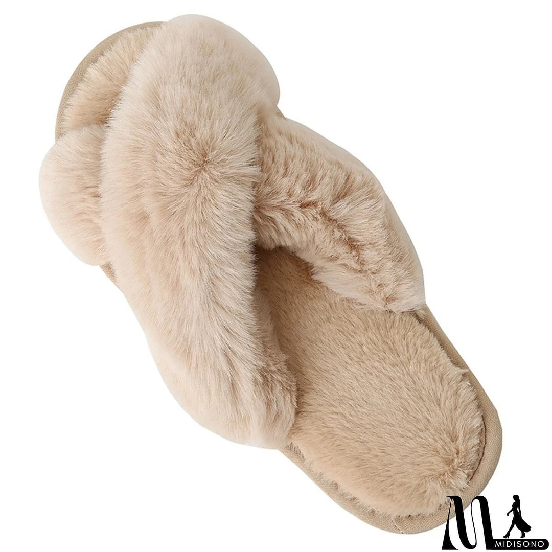 MidiSono - Faux Fur Crisscross Strap Slippers