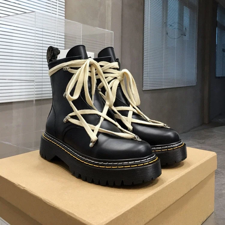 Ankle Boots for Women Chunky Platform Cross Tied Motorcycle Booties Female Winter Shoes Designer Round Toe Short Boots Ladies