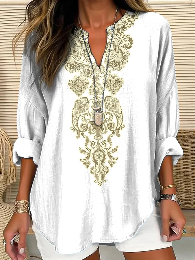 Comstylish Classic Ethnic Floral  Pattern Women's V-Neck Shirt