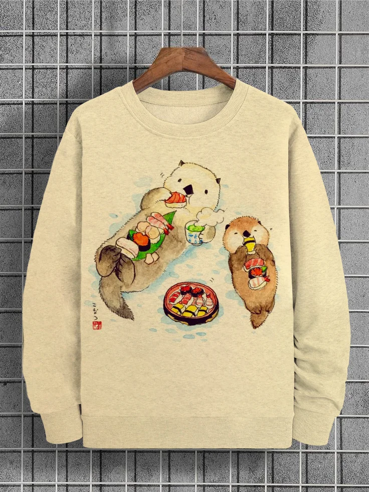 Men's Cute Otter Eating Sushi Japanese Art Print Casual Sweatshirt