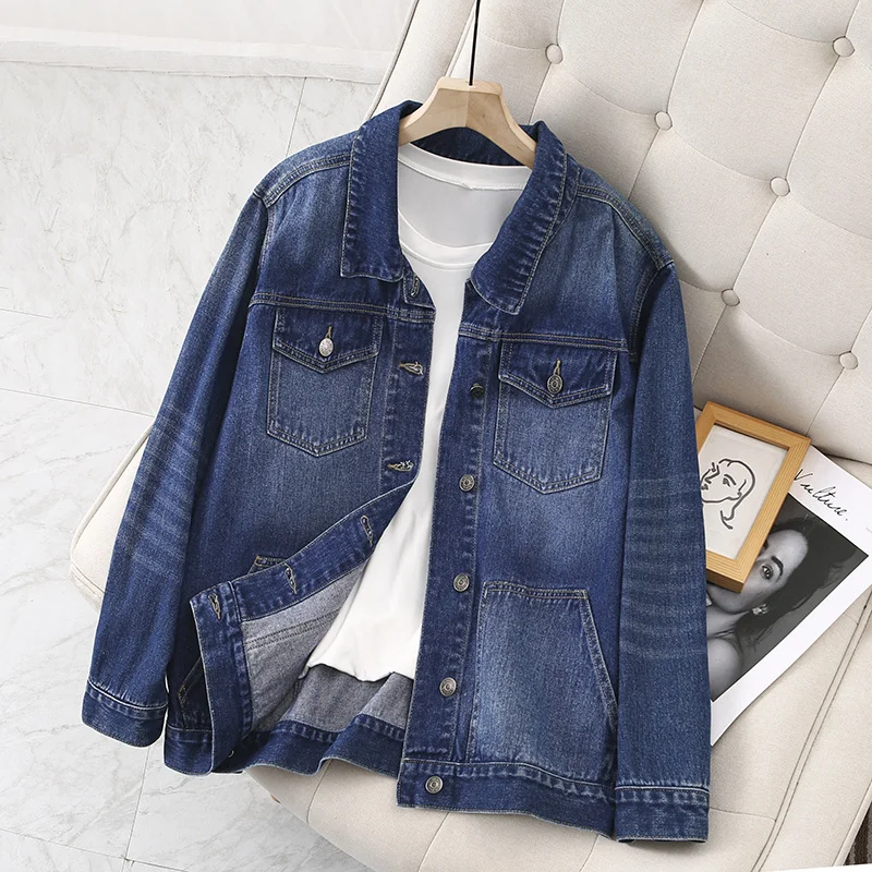 Women's Chic Denim Coat Lapel Front Pocket Heavy Weight Denim Jacket