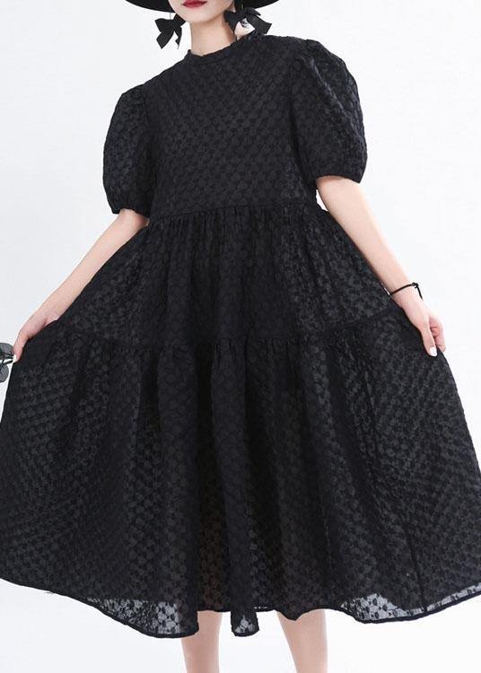 Simple Black Patchwork Puff Sleeve Summer Cotton Long Dresses