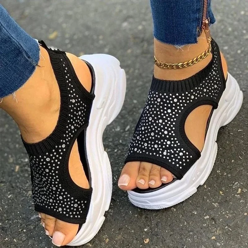 Qengg MCCKLE Sandals Woman Casual Shoes Summer Peep Toe Platform Ladies Rhinestone Slip On Women Fabric Plus Size Comfort 2020 Fashion