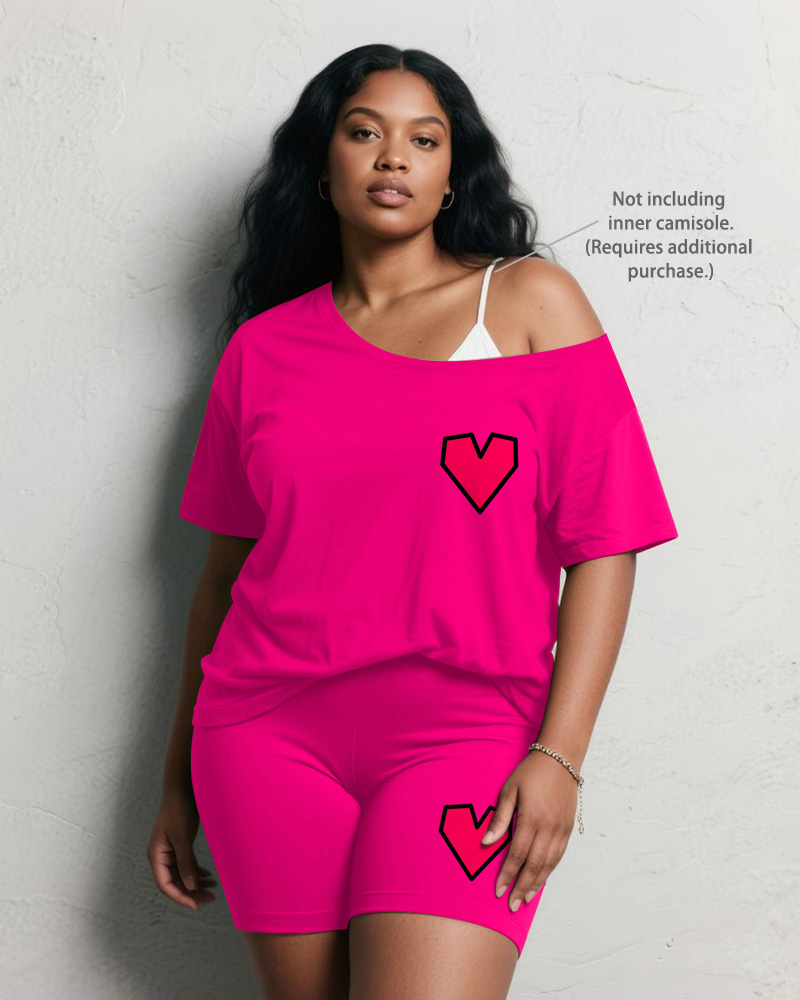 Women's Plus Size Daily Casual Rose Red Love Printed Short Sleeve Shorts Suit