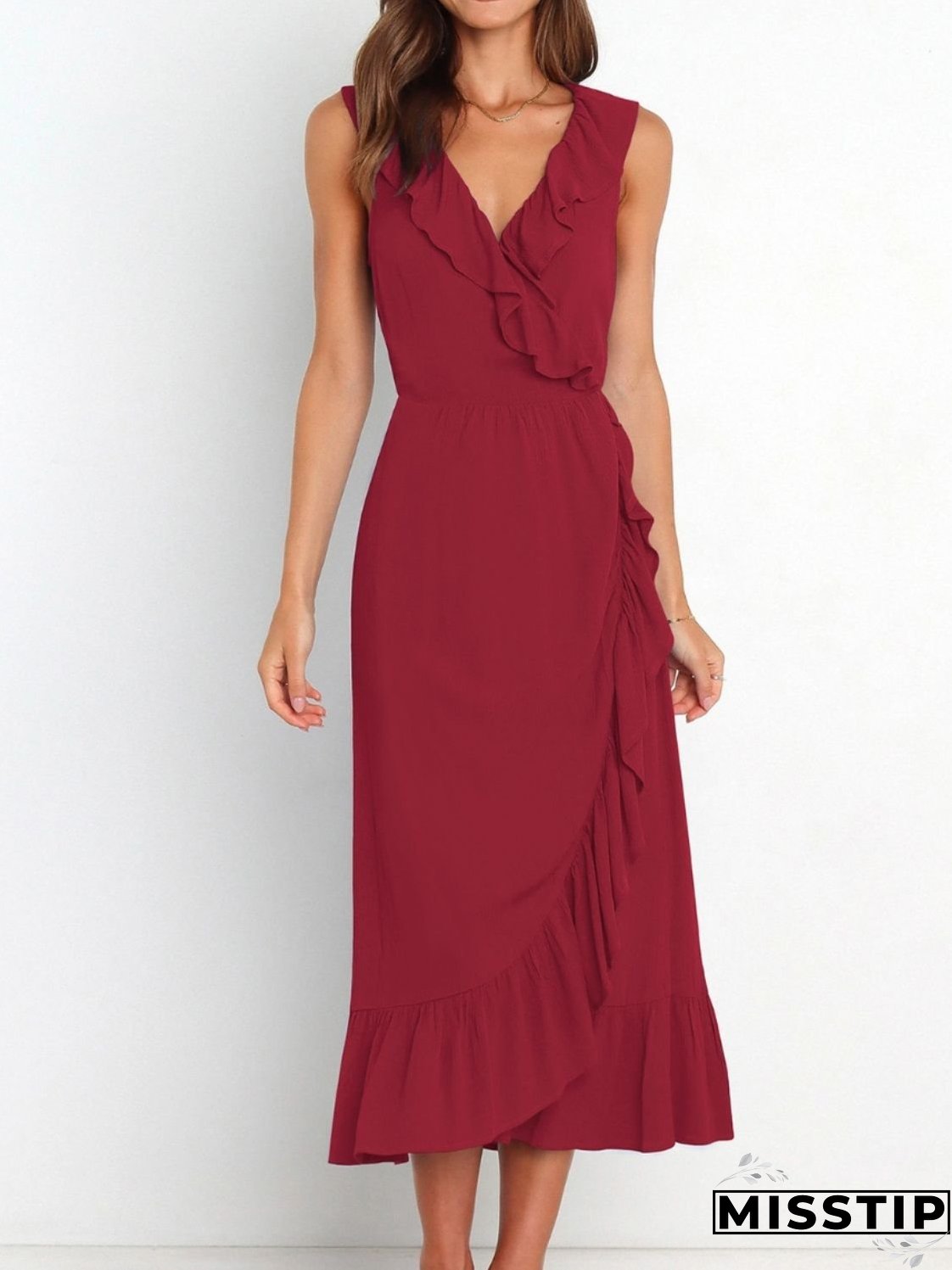 Ruffled Surplice Sleeveless Midi Dress