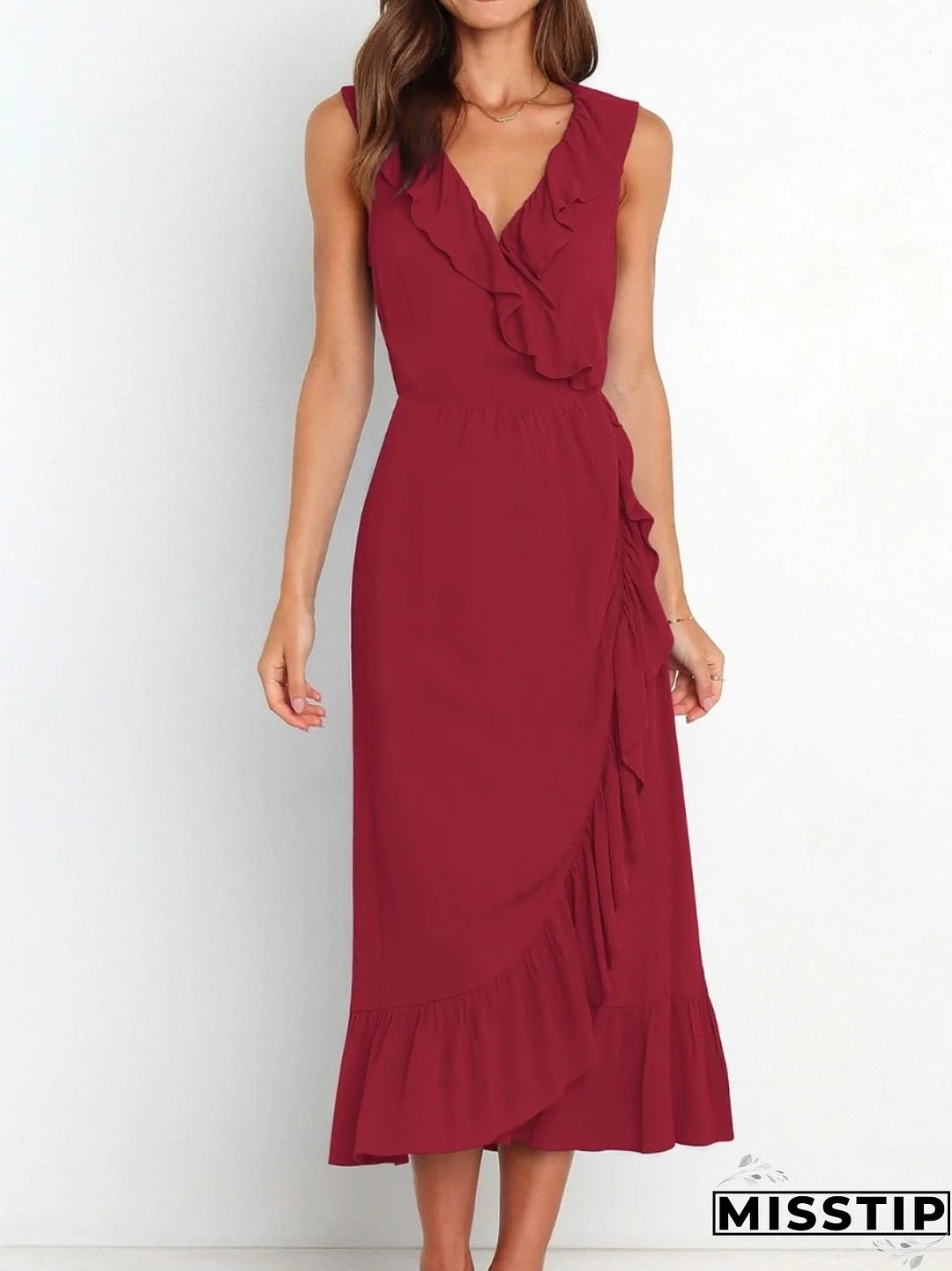 Ruffled Surplice Sleeveless Midi Dress