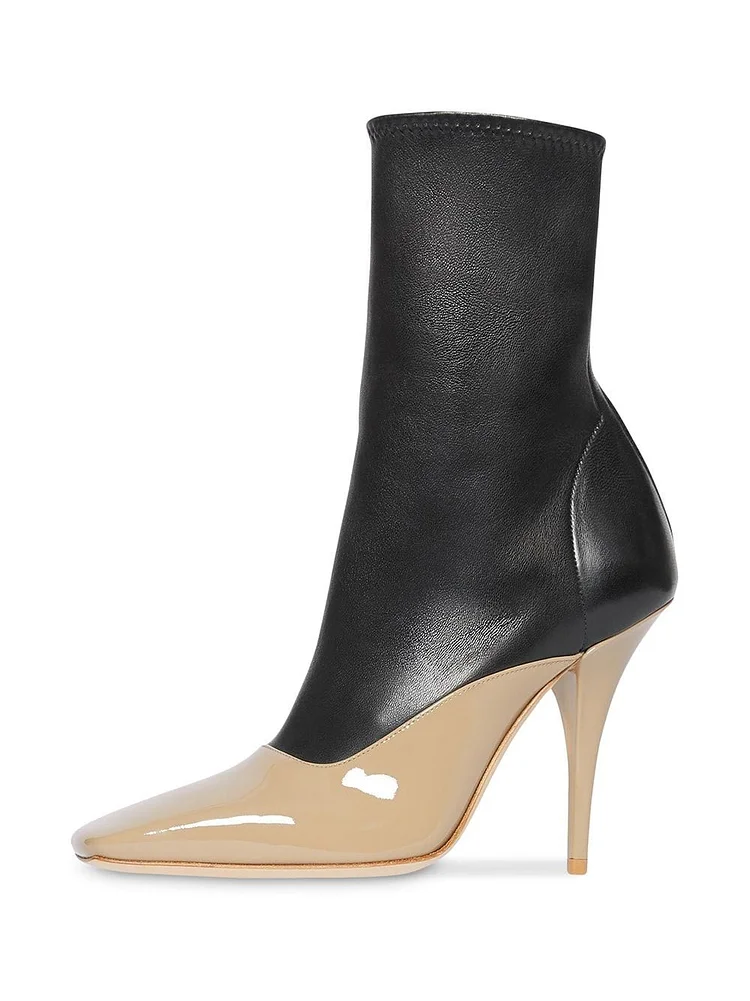 Black and Nude Patent Leather Ankle Boots Cone Heel Boots |FSJ Shoes