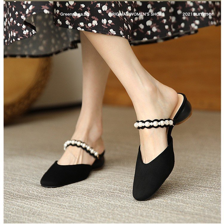 Women's Shoes Mules PU Pearl Strap Square Toe Low Block Heels