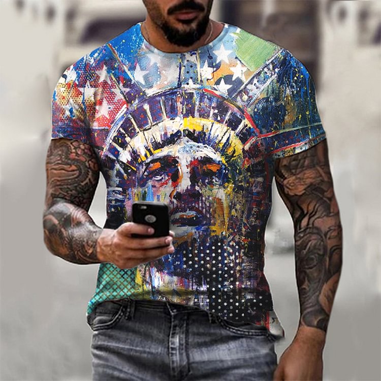 BrosWear Men's Vintage Liberty Flag Print Graffiti T-shirt