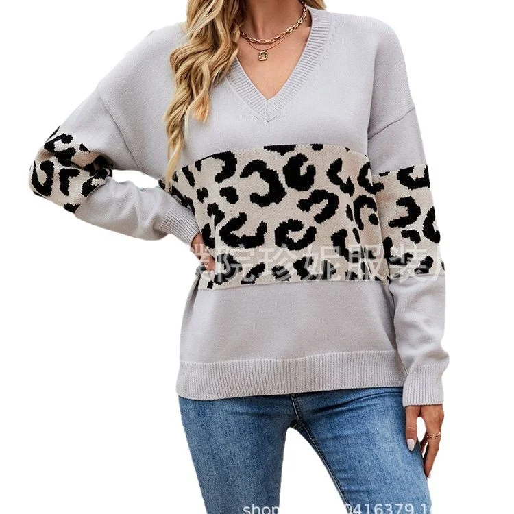 Athvotar Athvotar Autumn And Winter New V-Neck Spliced Knitted Shirt Women's Jacket Leopard Print Women's Sweater