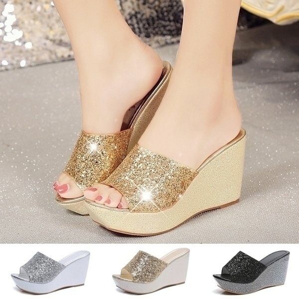 TeeYours Women Summer Casual High Heel Wedge Skid Slippers Sandals Silver Bling Flip Flops Shoes 35-43 - Shop Trendy Women's Fashion | TeeYours
