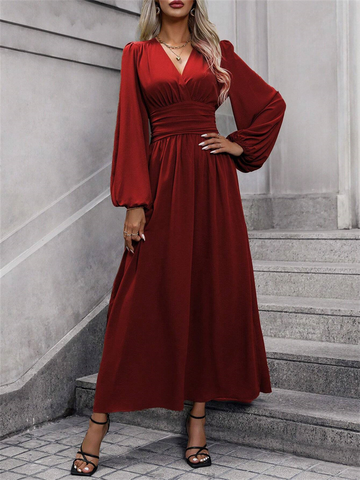 Autumn and Winter New Women's Lantern Sleeves V-neck High Split Dresses