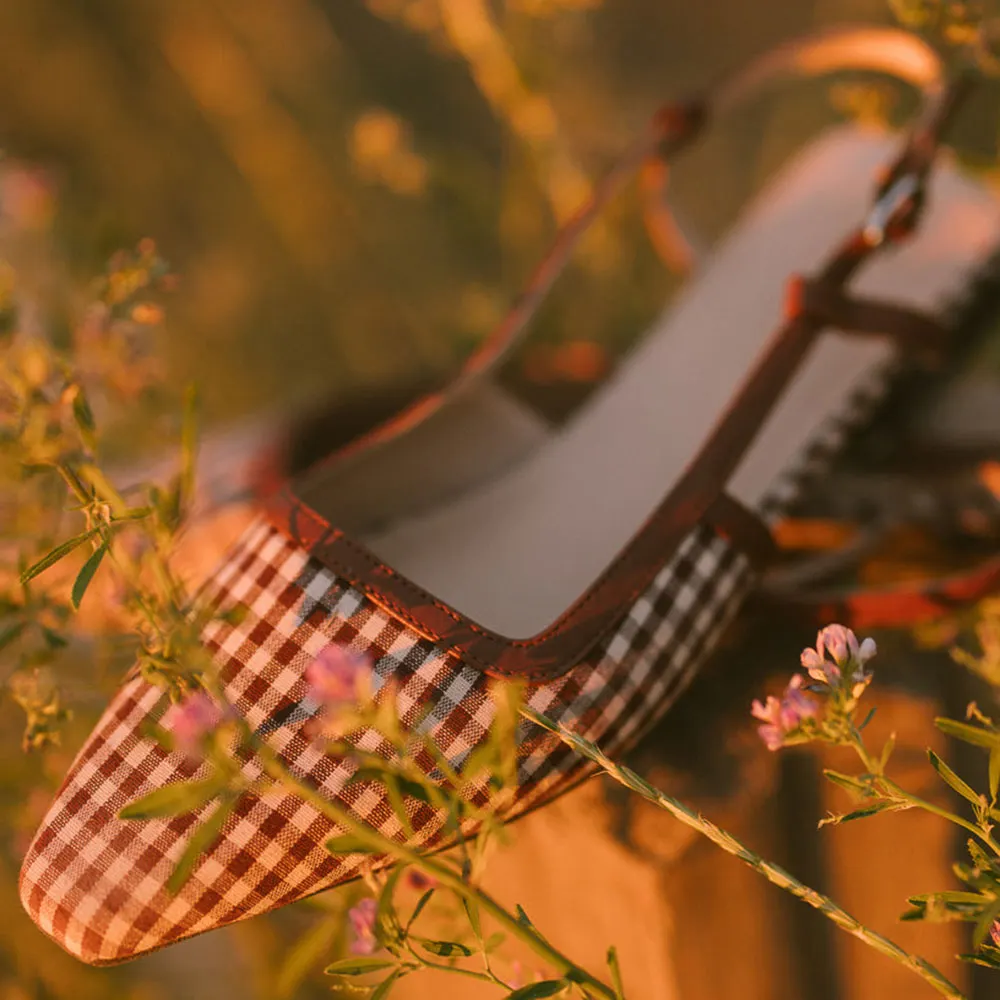 Brown & White Plaid Square Toe Slingback Flat Shoes for Women