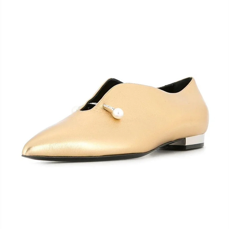 Gold Metallic Pointy Toe Flats Pearl Details Fashion Loafers for Women |FSJ Shoes