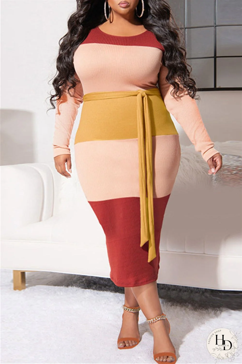 Red Yellow Fashion Casual Patchwork O Neck Long Sleeve Plus Size Dresses