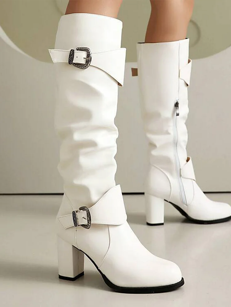 PU Leather Buckle Round Head Chunky Heel Tall Boots