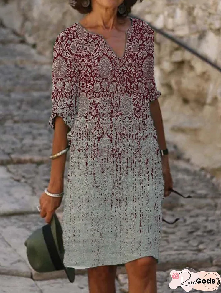 Half Sleeve Ombre V Neck Loose Midi Dress