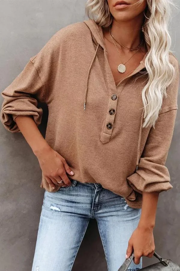 Casual Long Sleeve Hood Buttons Sweatshirt-Allyzone-Allyzone