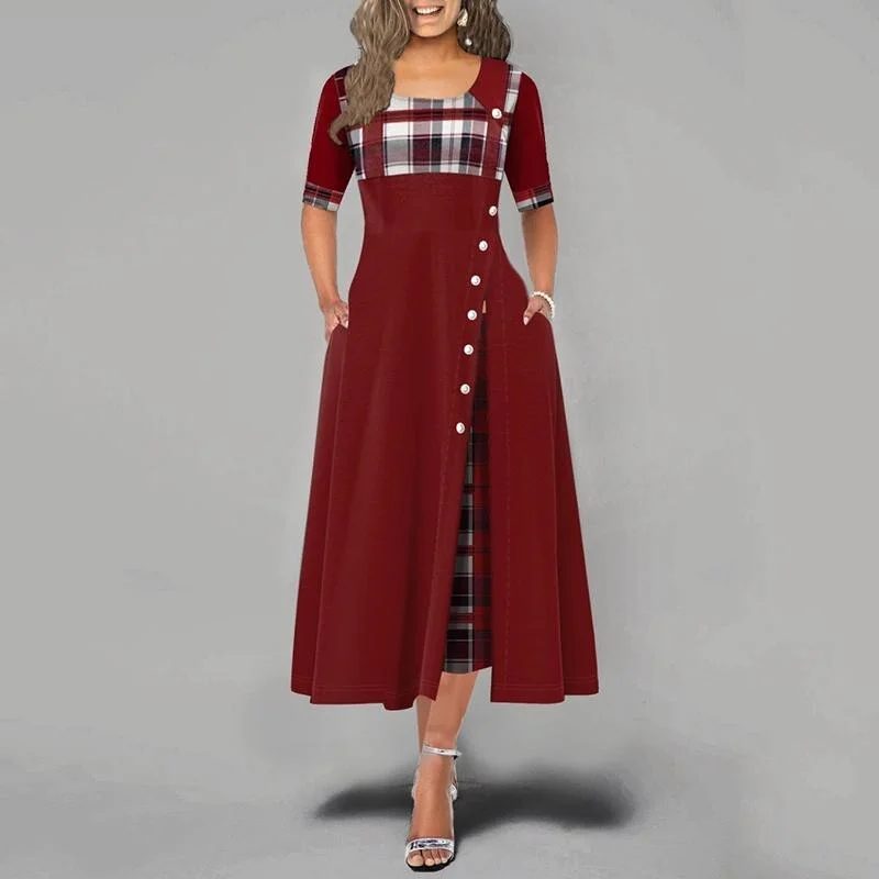 Elegant Long Maxi Dress Women Vintage Plaid Office Lady Dress Summer Half Sleeve O-Neck Button Party Dress Female Robe Plus Size