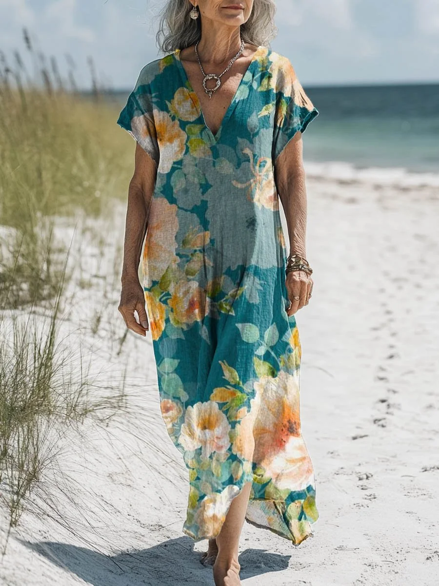 Women's Vintage Lovely Floral Art Print Pocket Cotton Dress