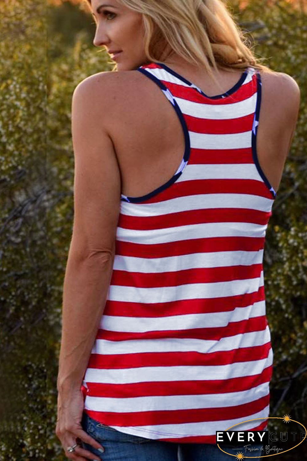 USA Flag Stars Stripes Print Tank with Patch Pocket