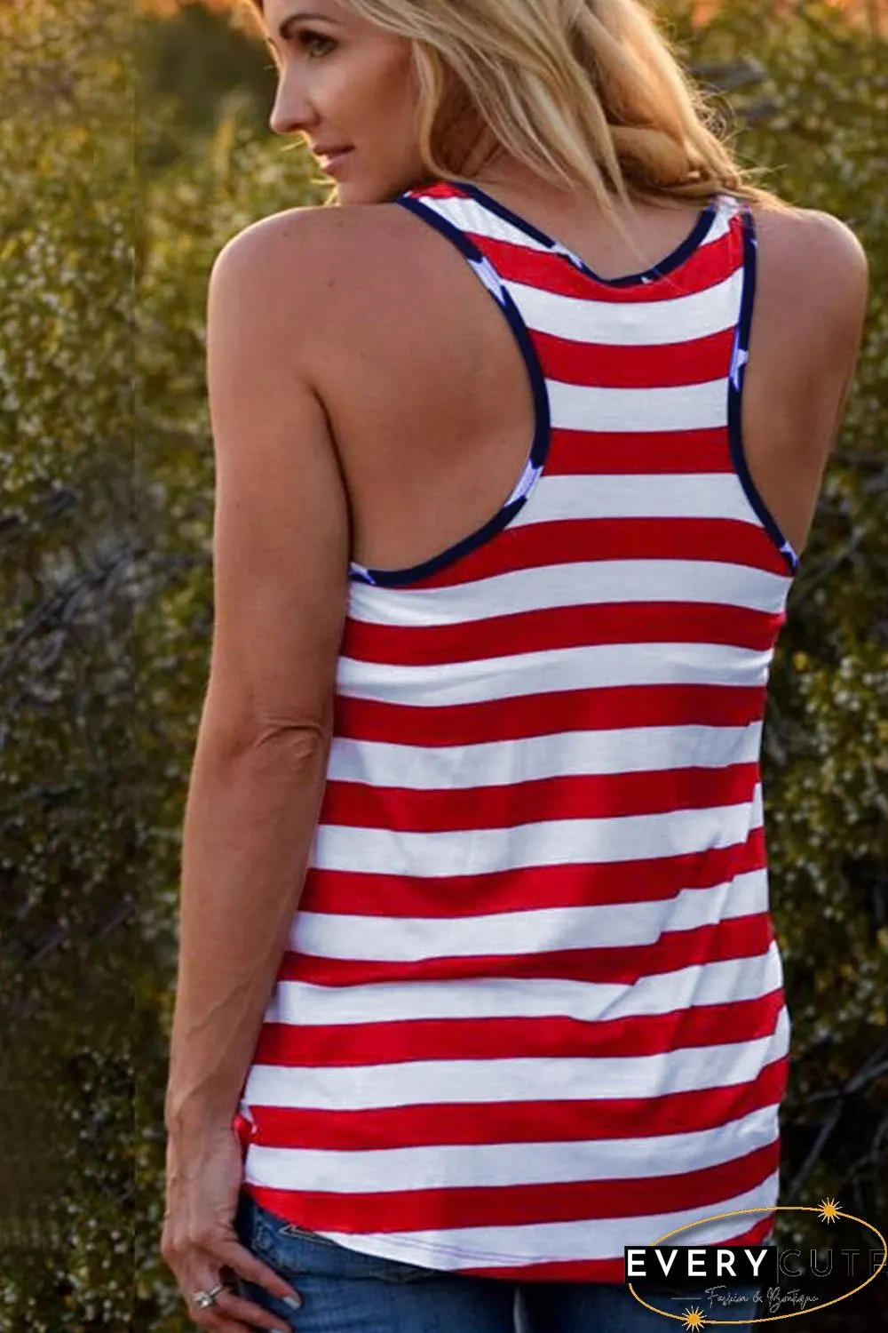 USA Flag Stars Stripes Print Tank with Patch Pocket