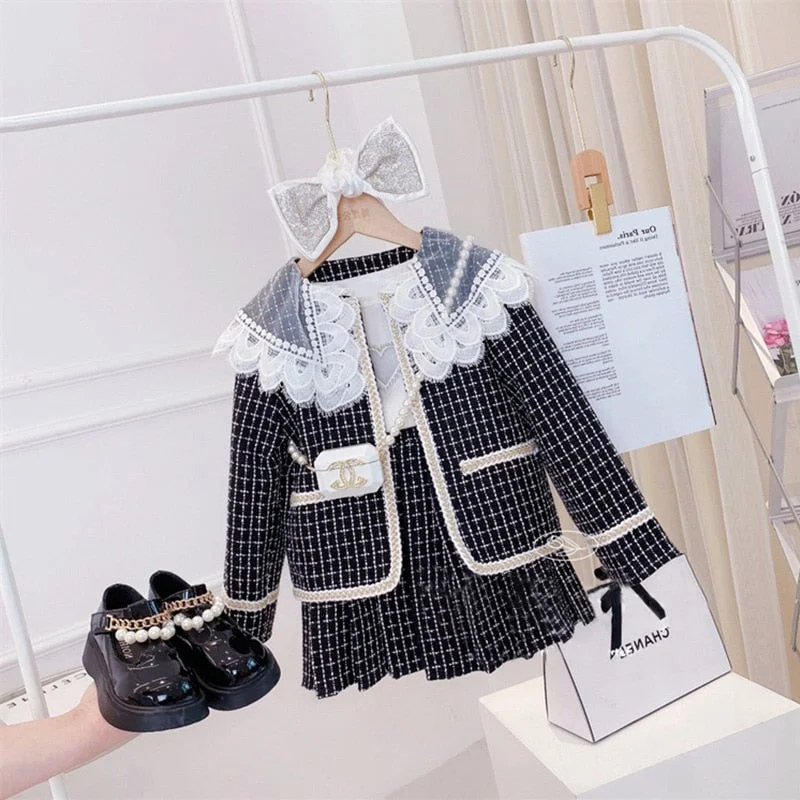 Girls Plaid Coat Princess Dress Two-piece Suit Toddler Clothes Christmas Outfit Clothing Set Kids Boutique Clothing Wholesale