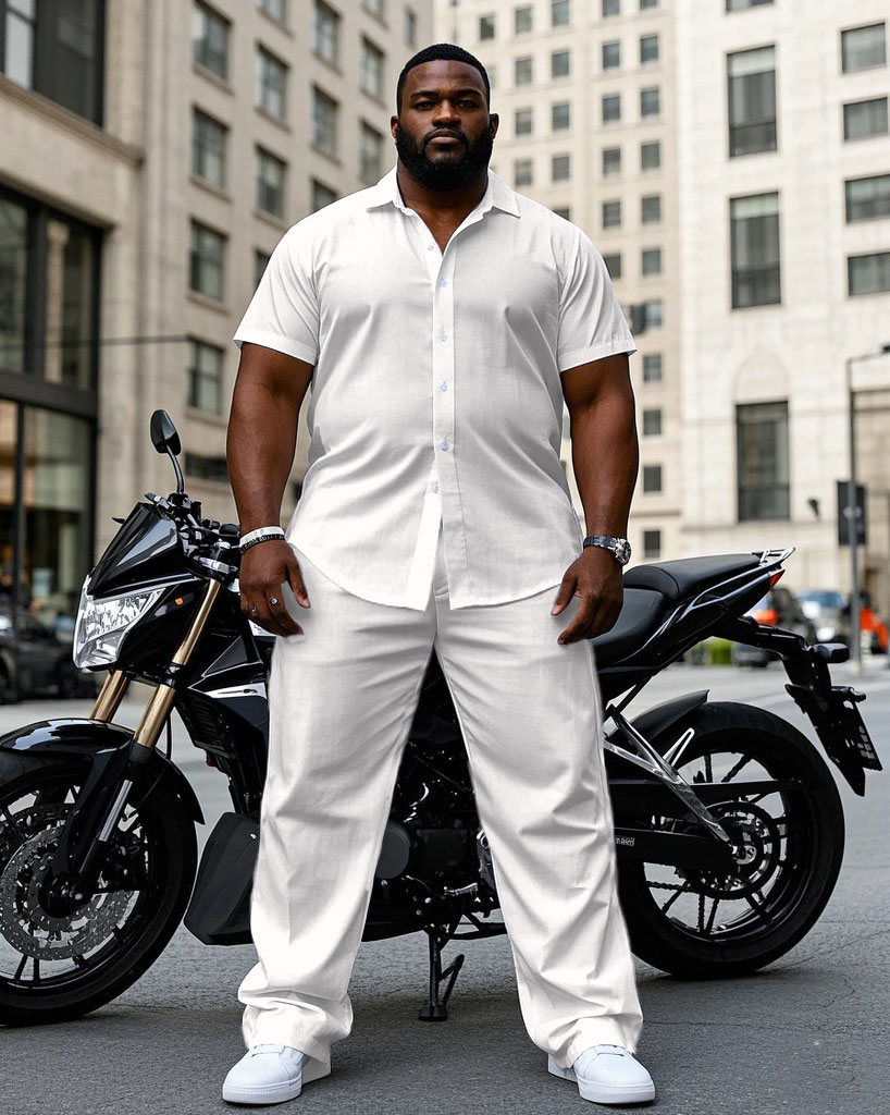 Men's Plus Size Solid Color White/Black Short Sleeve Shirt Trousers Suit