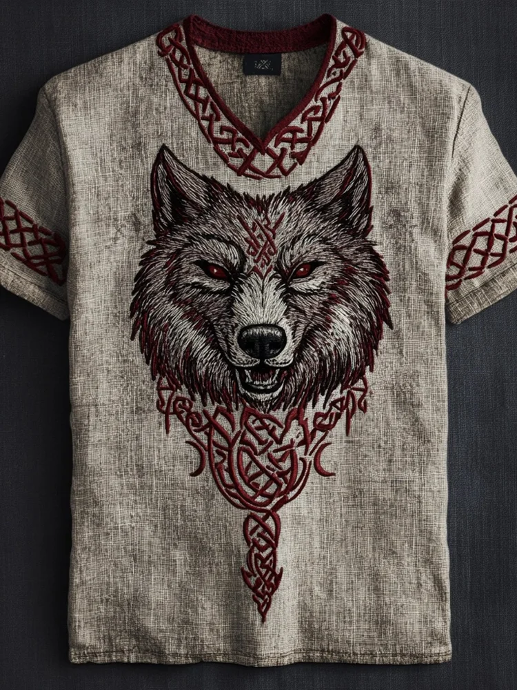 Men's Viking Art Print Pattern Wolf Knot Tribal Linen T-shirt / Rvogue / Rvogue