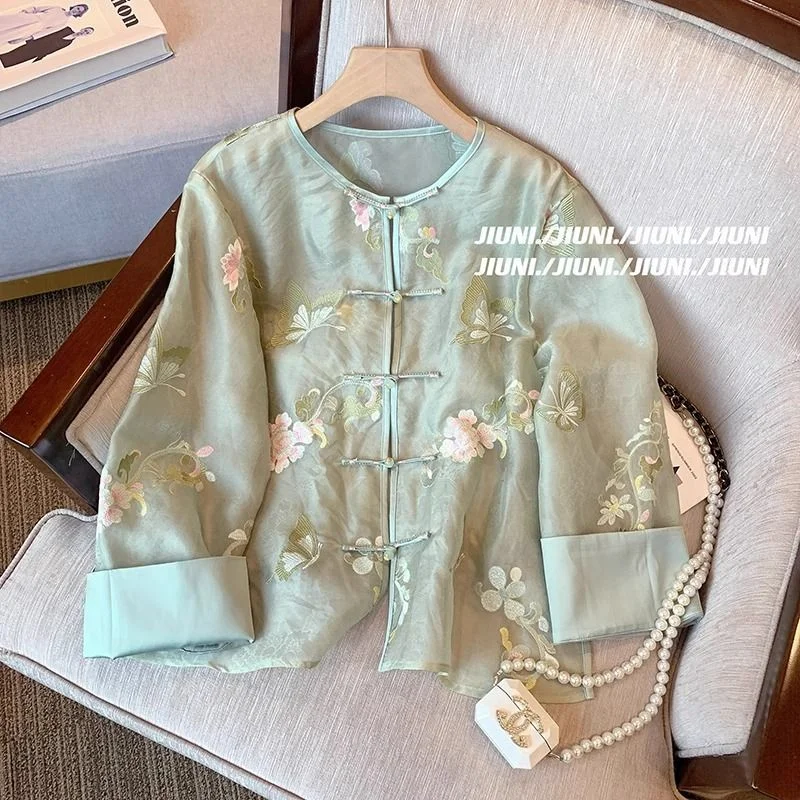 Ueong Chinese Style Plate Button Embroidered Shirt Women's Dress 2024 Summer High-Level Sense Of Vintage Unique Thin Coat