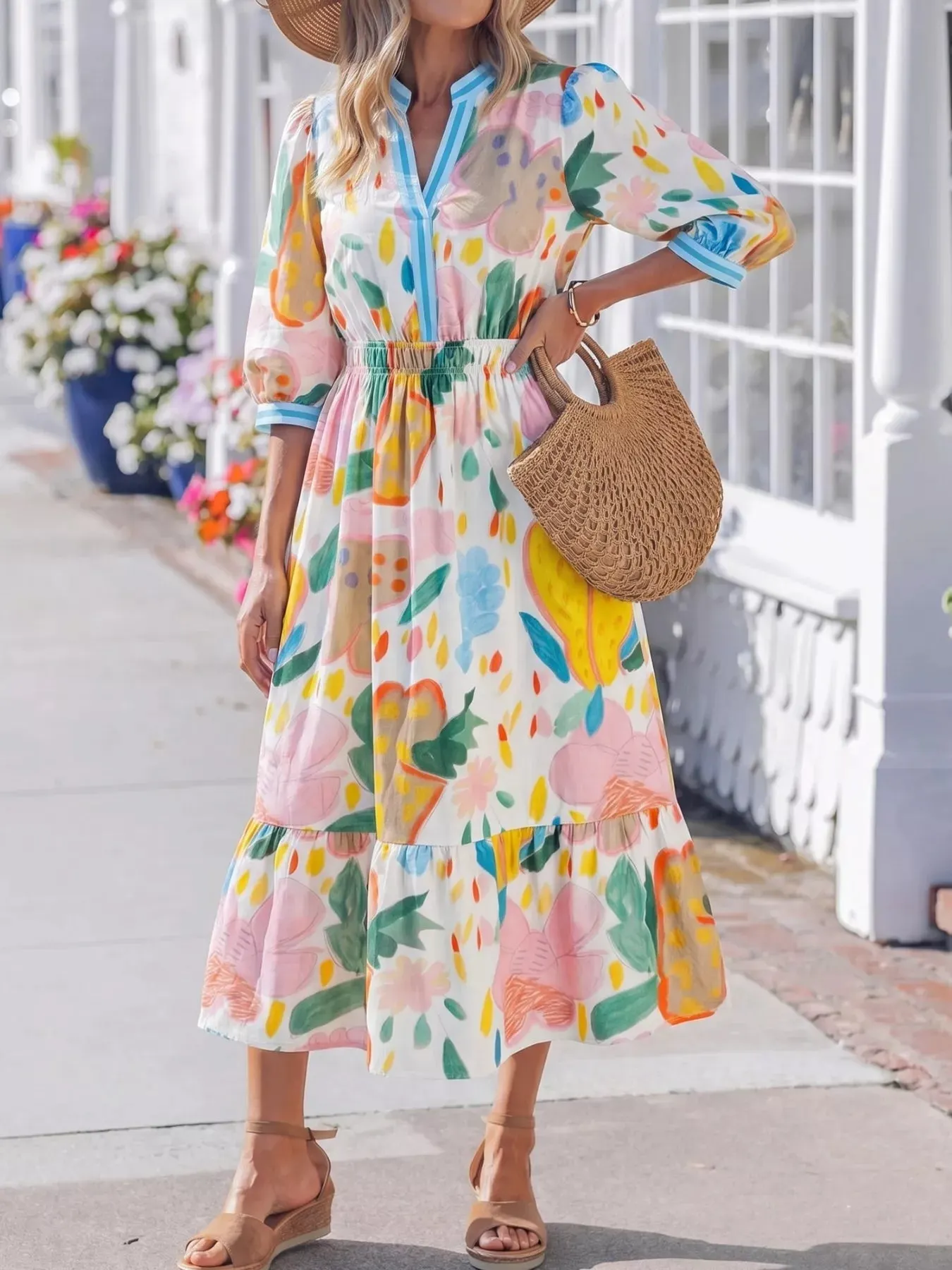Multicolour Floral Doodle Print Striped Trim V Neck Midi Dress mysite idetrend