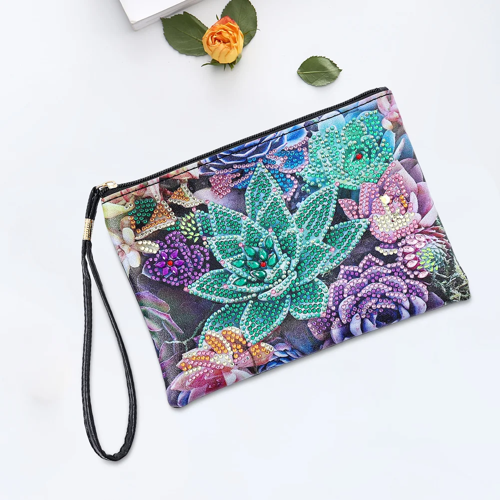 DIY Cactus Diamond Art Cosmetic Bag Flowers Single Sided PU Women Clutch