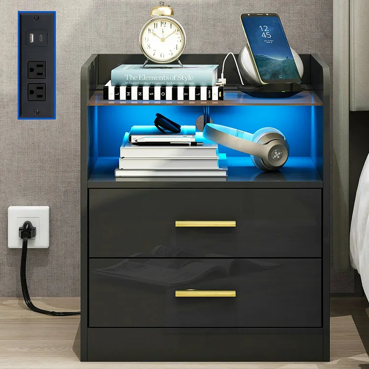 LED Nightstand with Charging Station, Wood Side Table with Drawers, Modern Black High Gloss Nightstand for Bedroom, End Side Table for Living Room, Black