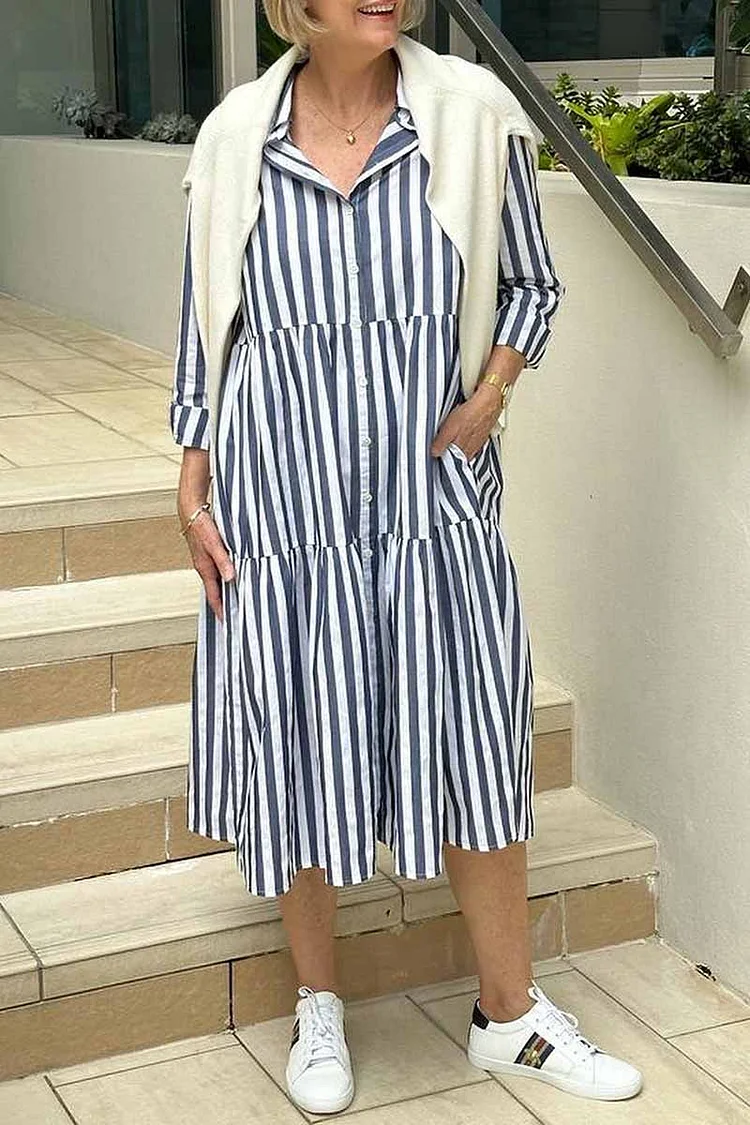Striped Long Sleeve Turndown Collar Linen Midi Dresses [Pre Order]
