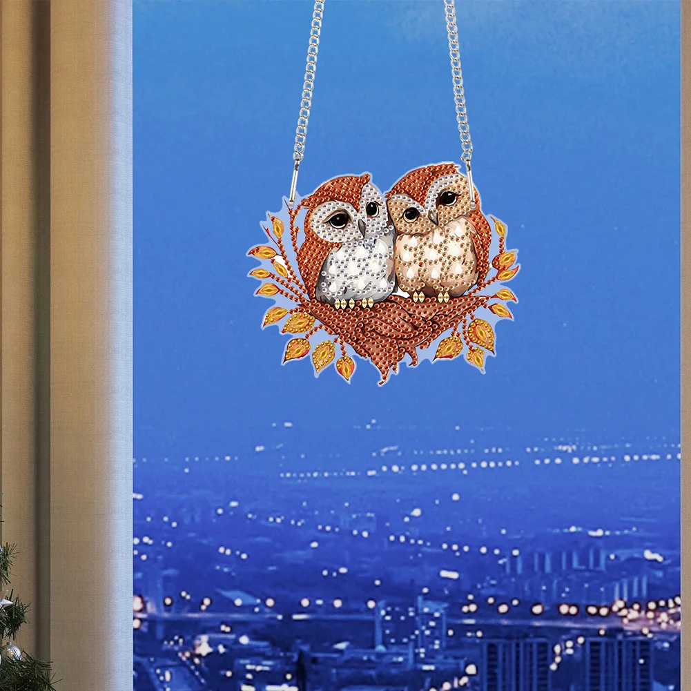 DIY Autumn Owl Special Shape Diamond Painting Hanging Pendant