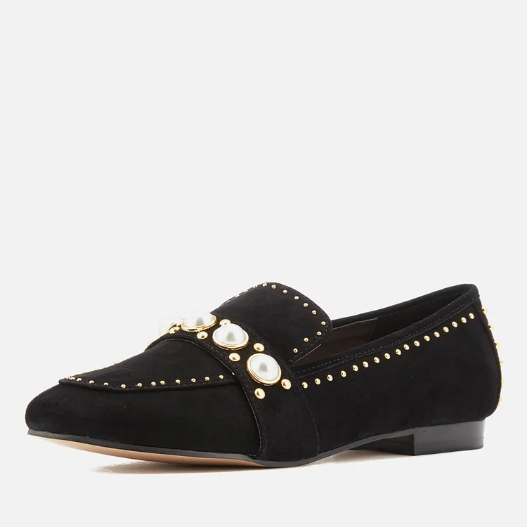 Black Vegan Suede Rhinestone Pearl Loafers for Women |FSJ Shoes