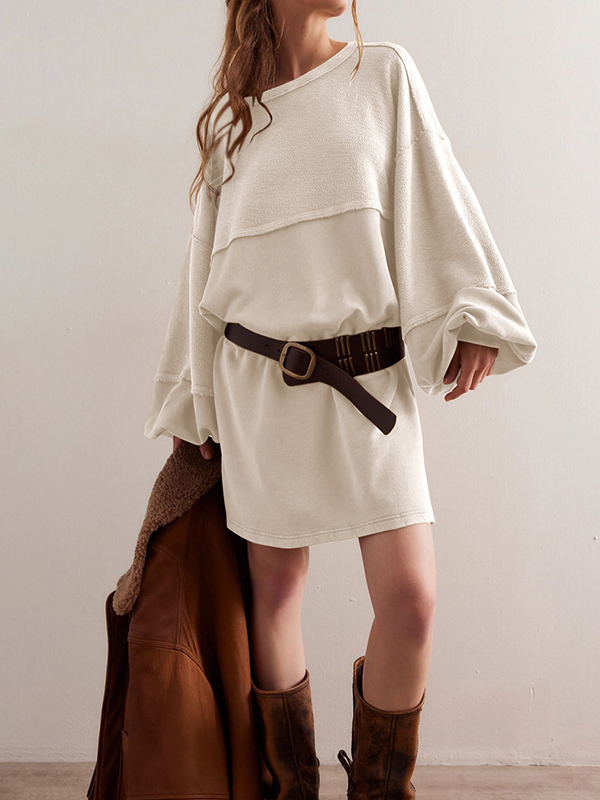 Loose Round Neck Lantern Sleeve Split Blouses