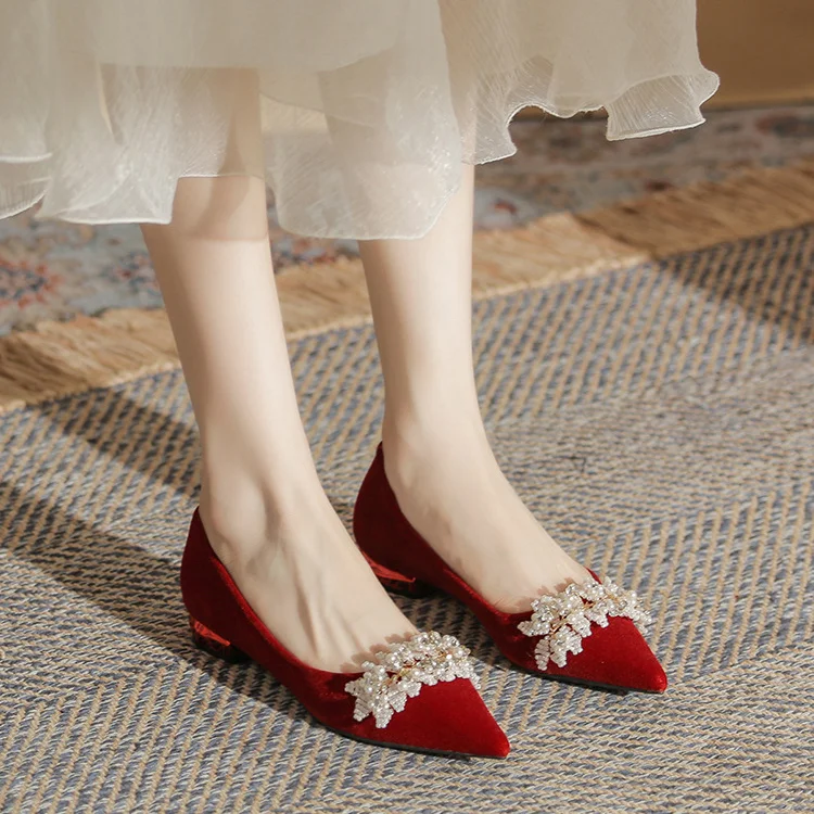Satin Pointed Toe Pearl Embellished Bridal Flats  Stunahome.com