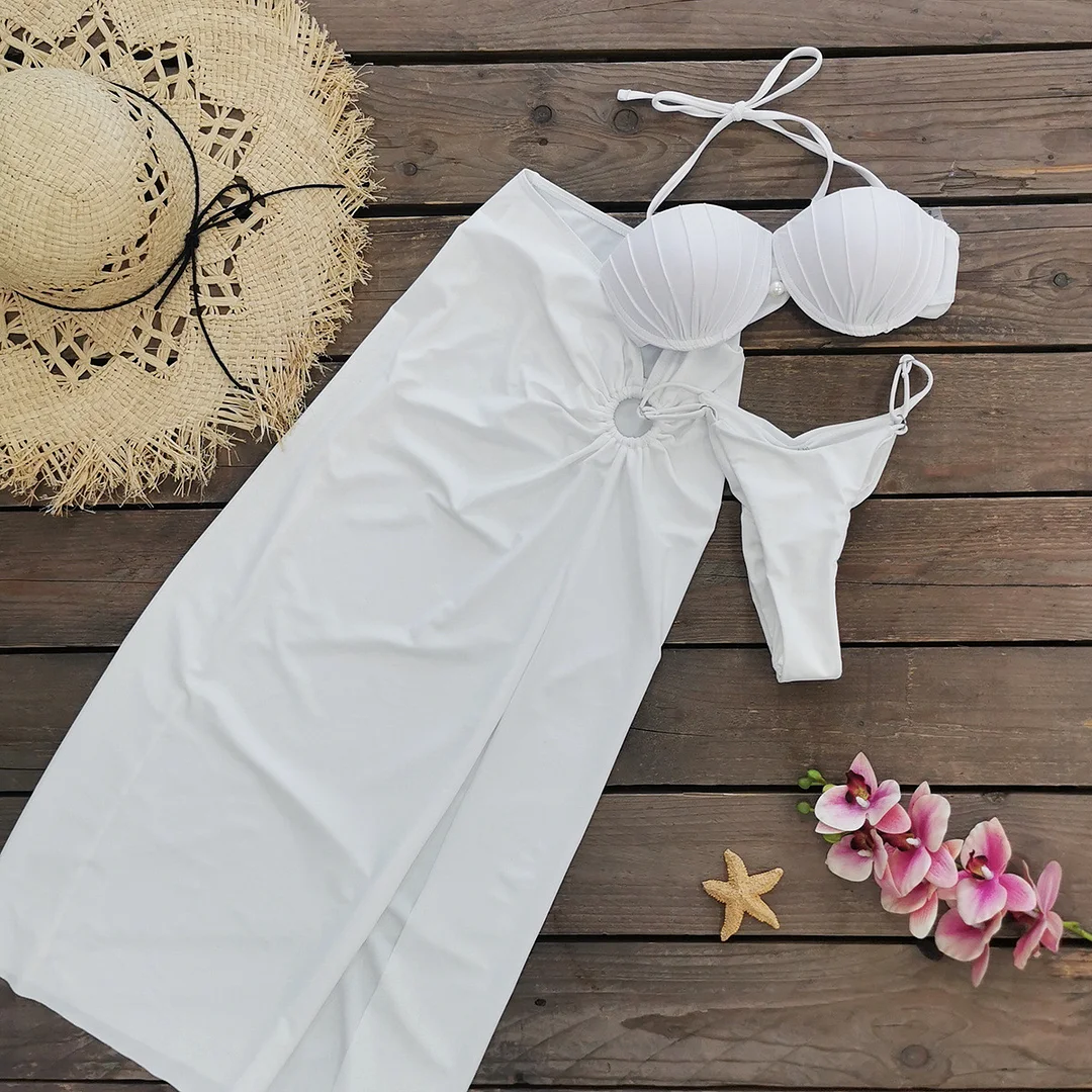 Zingj Blast-Bender Solid-Colored Swimsuit Women's Half-Body Dress Three-Piece Hard Bag Bikini