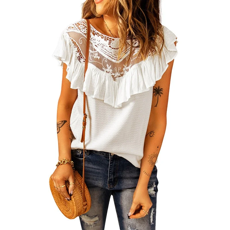 UForever21 Lace Patchwork Tops for Women Sleeveless T Shirt Vest Women Ruffle O Neck Loose T Shirt Women Tops Solid White