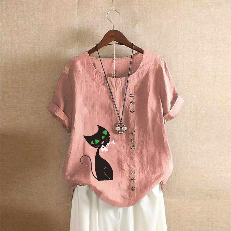 Groksage Woman Blouse 2025 Summer Retro Casual Loose Fitting Cotton And Linen Short Sleeved Pullover Shirt Ladies Botton Cat Print Tops