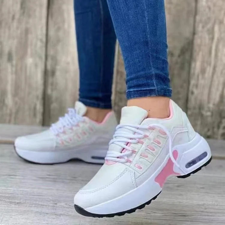 Women's Colorblock Round Toe Flat Heel Shoelaces Casual Sneakers